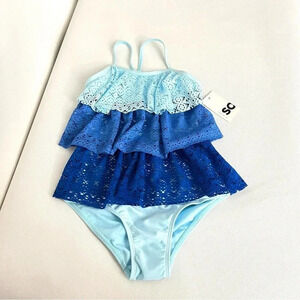 SO One Piece SwimSuit Size 7-8 Girls Tiered Crochet Adaptive Snap Closure Bottom